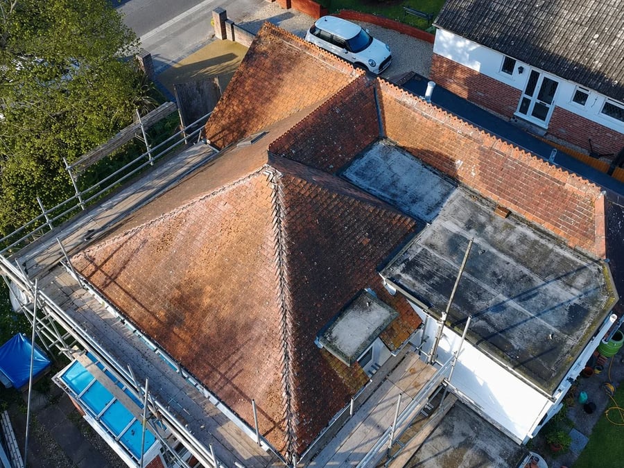 Aerial view of a roofing project underway.