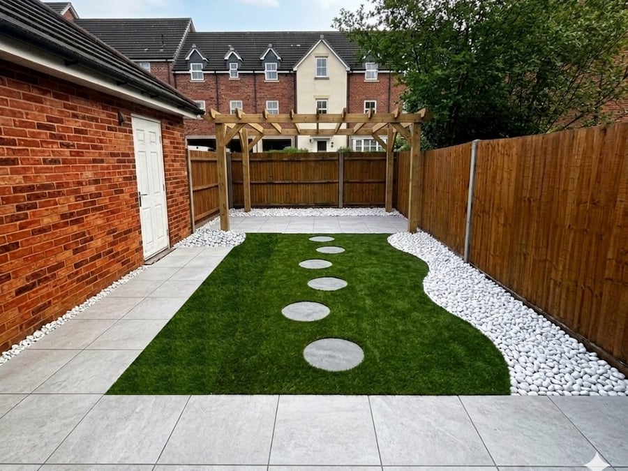 Garden transformation with artificial grass, pebbles and pergola.