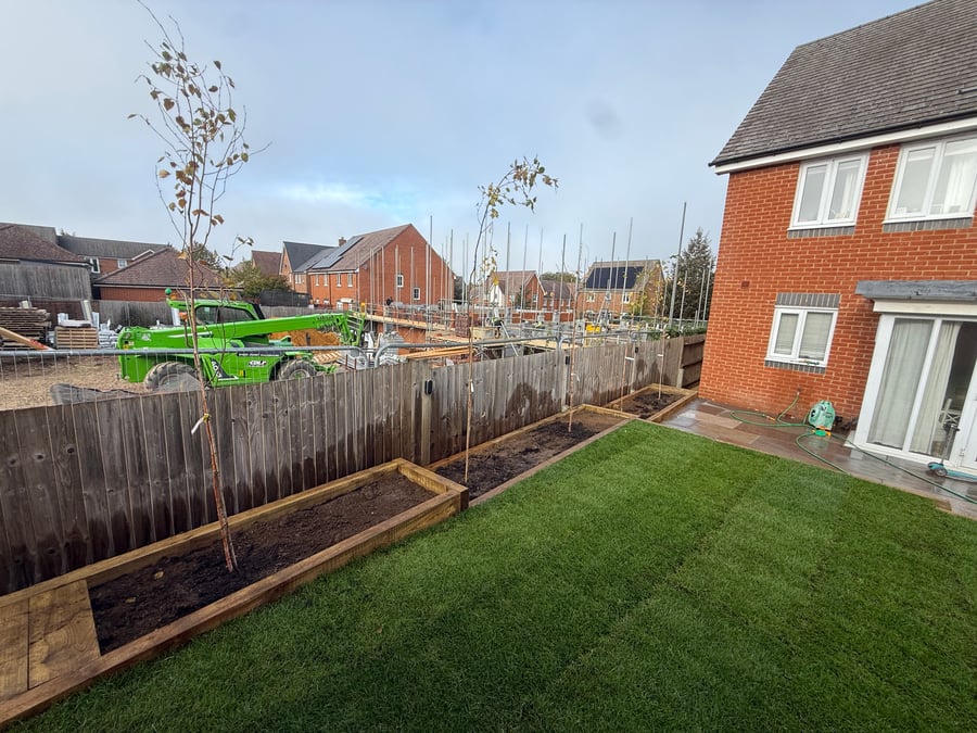 New lawn with raised sleeper beds and planting.
